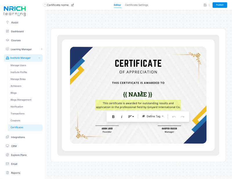 Certificate management dashboard with customizable course completion certificate 
template.